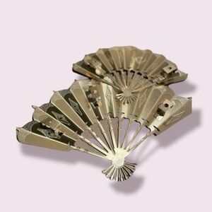 Vintage Pair Decorative Gold Tone Metal Hand Fans Asian Inspired Wall Art‎ Decor